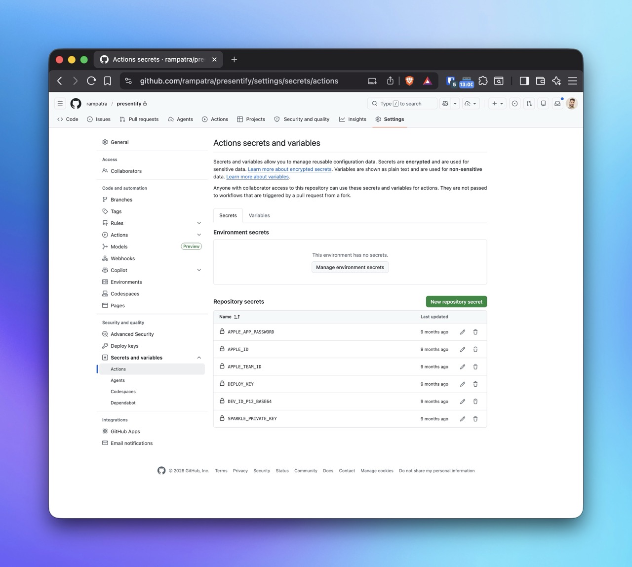 Final repository secrets setup in the app repo